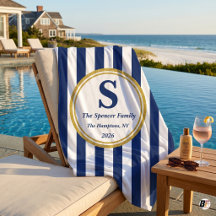 Personalised Navy Cabana Stripe Gold Monogram Fami
