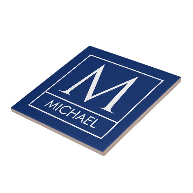Personalised Navy Ceramic Tile with Initial & Name (Side)
