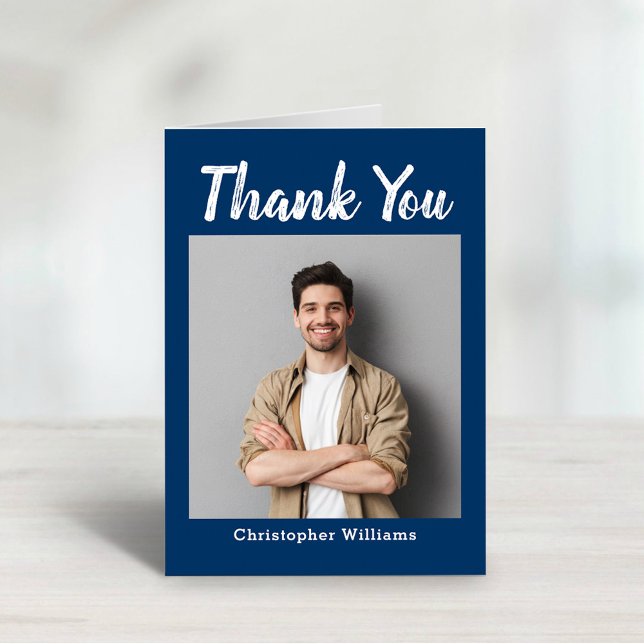 Personalised Navy Gingham Plaid Photo Thank You Card (Creator Uploaded)