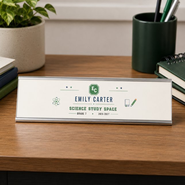 Personalised Navy Green Science School Cover Desk Name Plate (Personalized Navy Green Science School Cover Desk Name Plate
)