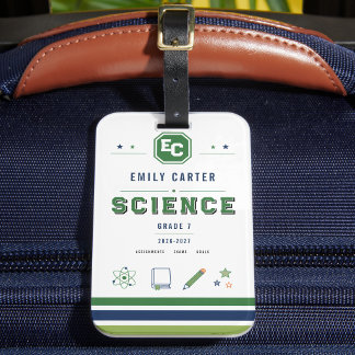 Personalised Navy Green Science School Cover Luggage Tag