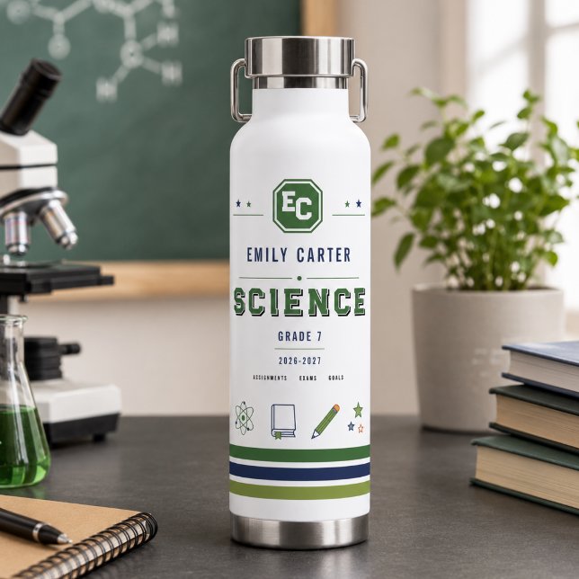 Personalised Navy Green Science School Cover Water Bottle (Personalized Navy Green Science School Cover Water Bottle
)