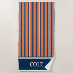 Personalised Navy & Orange Striped Nautical Beach Towel