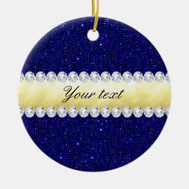 Personalised Navy Sequins, Gold, Diamonds Ceramic Tree Decoration (Front)