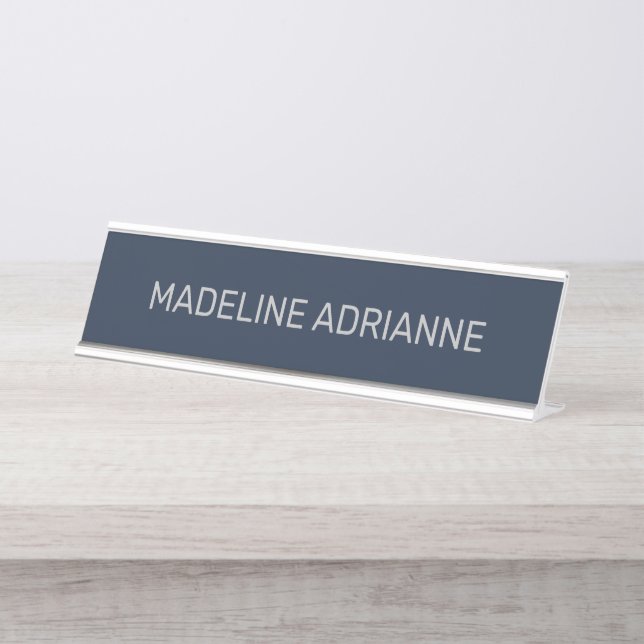 Personalised Navy & Silver Modern Desk Name Plate (Front)