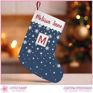 Personalised Navy Snowflakes Monogram Small Christmas Stocking