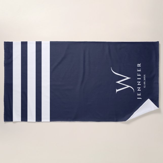Personalised Navy stripes Beach Towel (Front)