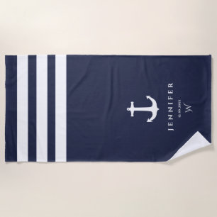 Personalised Navy stripes Beach Towel