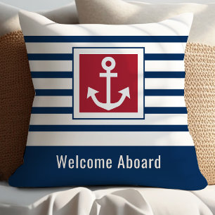 Personalised Navy Stripes Nautical Anchor Cushion