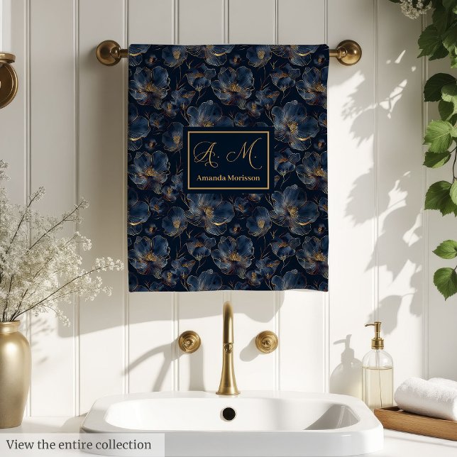 Personalised Navy Towels Chic Gold Flower Gift (Personalized Navy Towels Chic Gold Flower Gift)