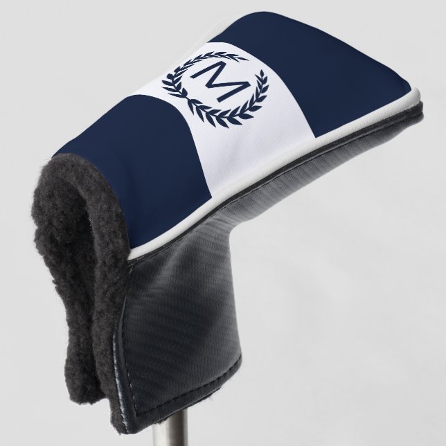Personalised Navy & White Laurel Wreath Monogram Golf Head Cover (3/4 Front)