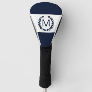 Personalised Navy & White Laurel Wreath Monogram Golf Head Cover