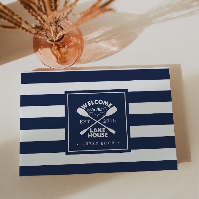 Personalised Navy & White Stripe Lake House Guest Book (Creator Uploaded)