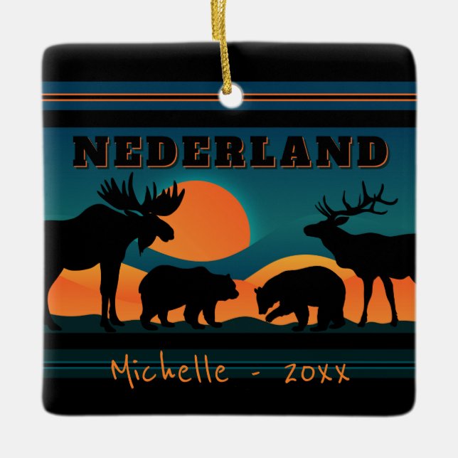 Personalised Nederland, Colorado Sunset Christmas Ceramic Ornament (Front)