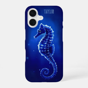 Personalised Neon Blue Seahorse iPhone 16 Case
