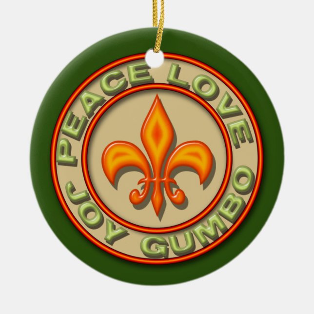 Personalised Neon Fleur de Lis Peace Love Gumbo Ceramic Tree Decoration (Front)