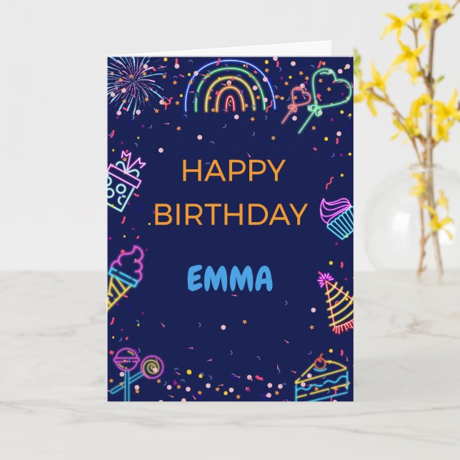 Personalised Neon Happy Birthday Card (Yellow Flower)