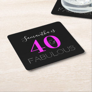 Personalised Neon Pink 40th Birthday Party Square Paper Coaster