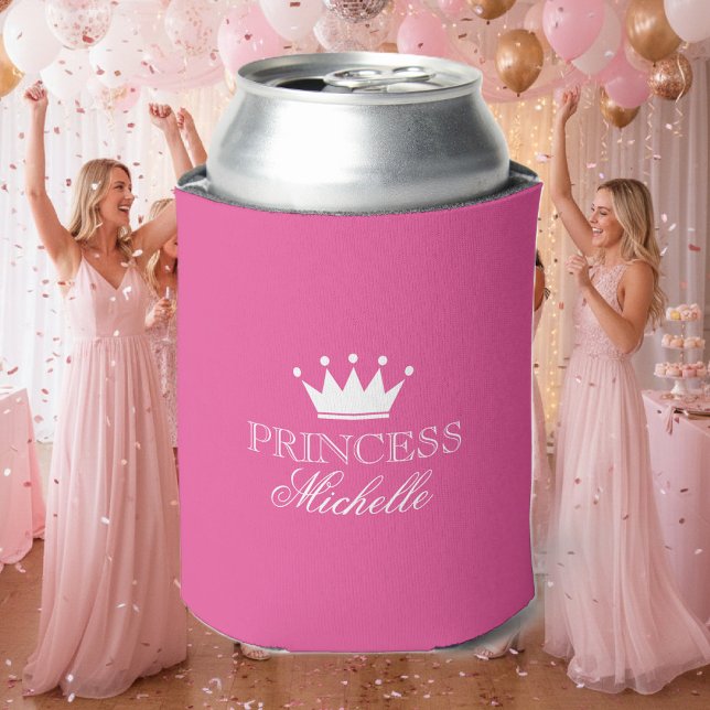 Personalised neon pink princess crown can coolers (pink can cooler)