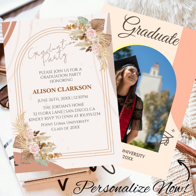 Personalised Neutral Boho Photo Graduation Party Invitation (Creator Uploaded)