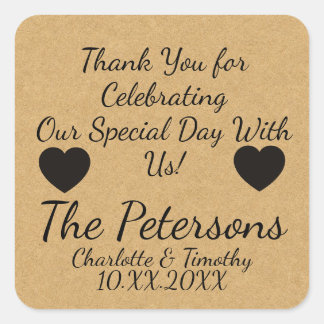 Personalised Neutral Brown Paper Wedding Favour Square Sticker