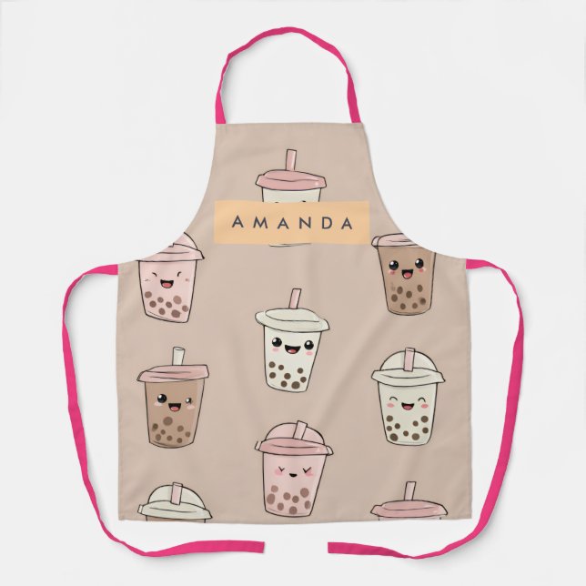 Personalised Neutral Cute Milky Bubble Tea Apron (Front)