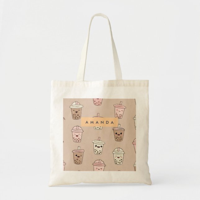 Personalised Neutral Cute Milky Bubble Tea Tote Bag (Front)