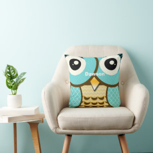 Personalised New Baby Boy's Room Cute Aqua Owl Cushion