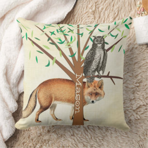 Personalised New Baby Boy's Room Cute Fox and Owl Cushion