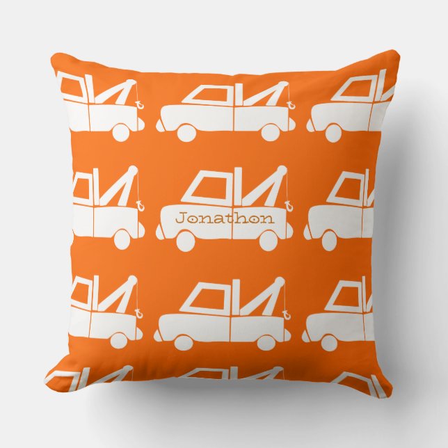 Personalised New Baby Boy's Room Orange Dump Truck Cushion (Front)