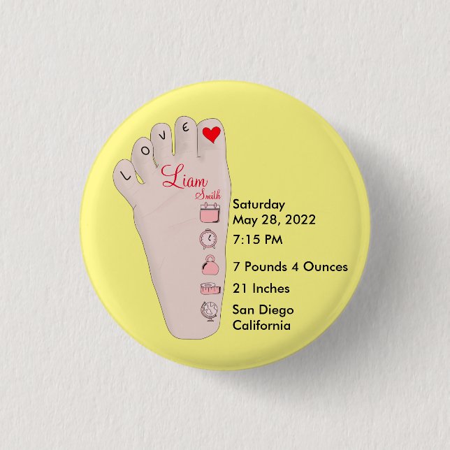 Personalised New Baby Gift Birth Stats Details 3 Cm Round Badge (Front)