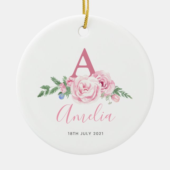 Personalised New Baby Keepsake pink floral gift Ceramic Tree Decoration (Front)