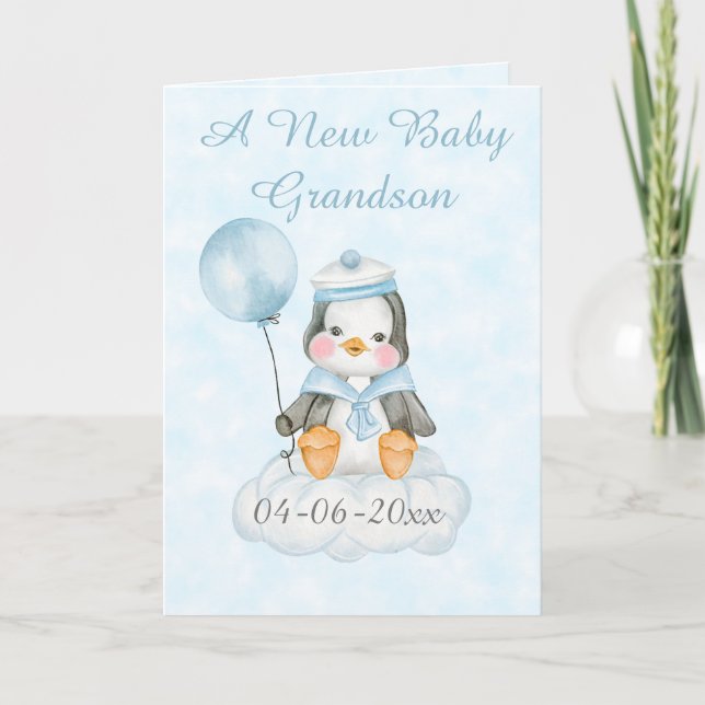 Personalised New Baby Penguin Grandson Card (Front)