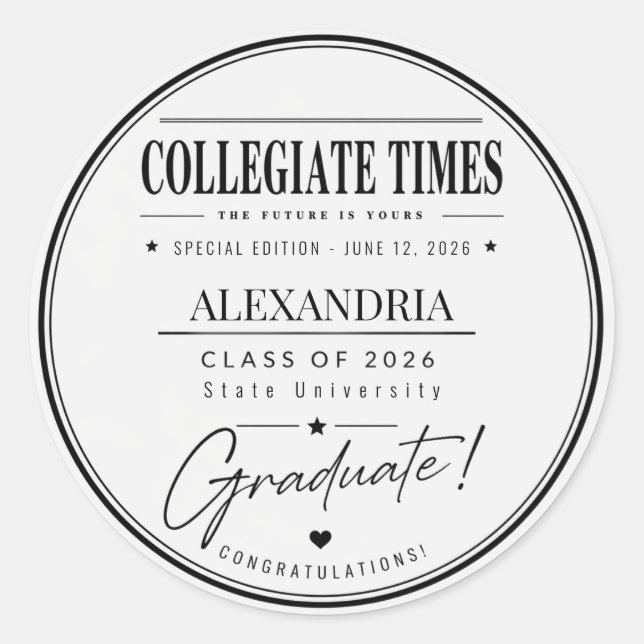 Personalised Newspaper Graduation 2026 Classic Round Sticker (Front)