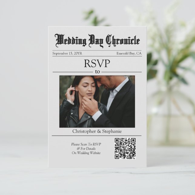 Personalised Newspaper Minimalist Elegant QR Code  RSVP Card (Standing Front)