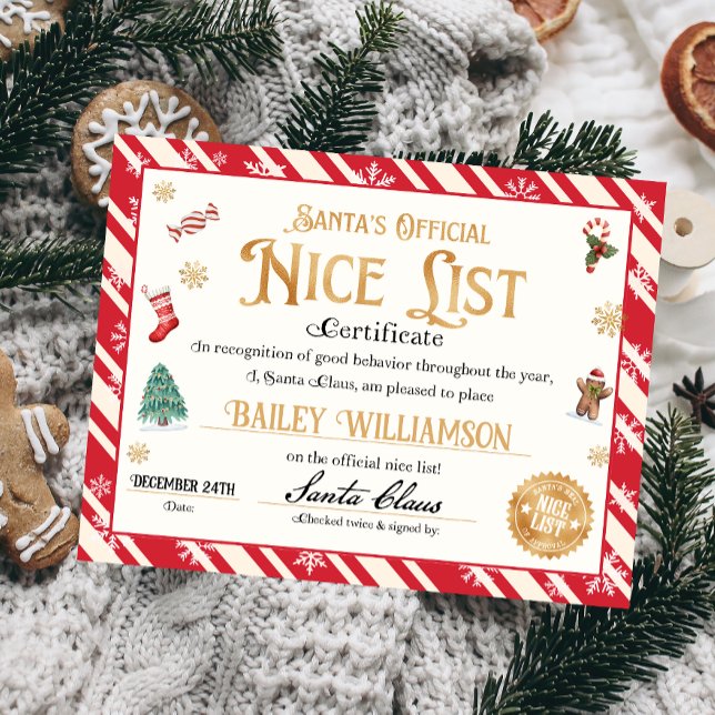 Personalised Nice Certificate From Santa Claus (Nice List Official Santa Claus Certificate )