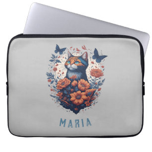 Personalised Nice Kitten Floral Cat Laptop Sleeve