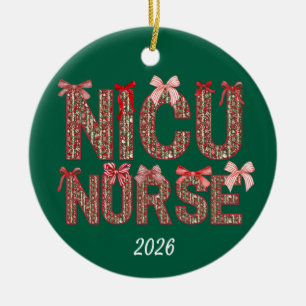Personalised NICU Nurse Coquette Bow Christmas Ceramic Tree Decoration