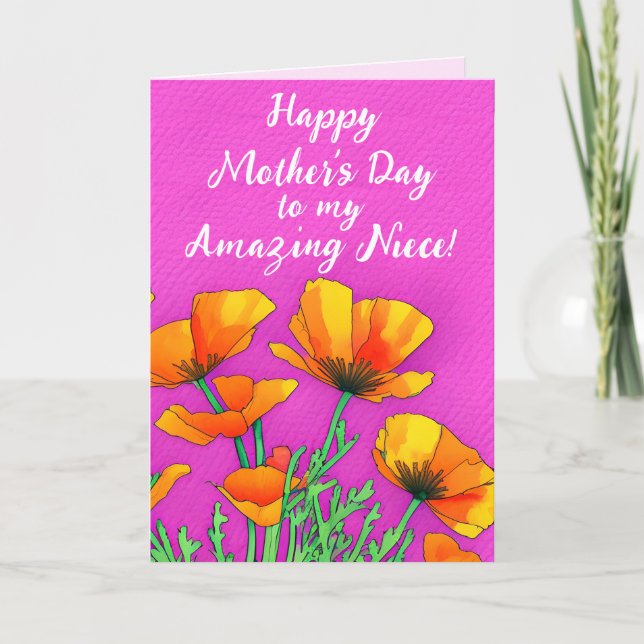 Personalised Niece Poppy Bright Pink Mothers Day  Holiday Card (Front)