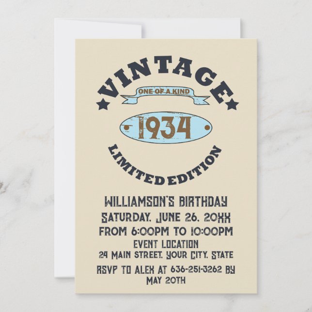 Personalised ninety vintage 90th birthday party invitation (Front)