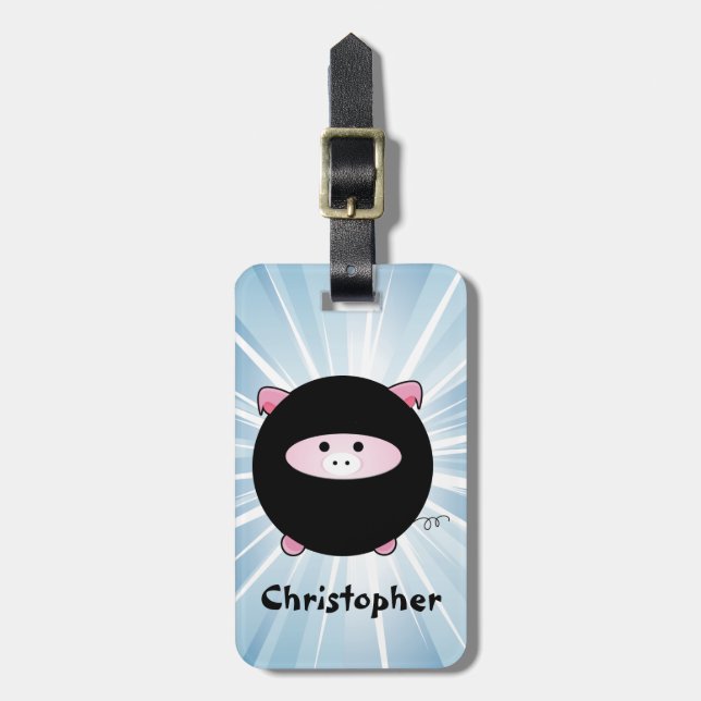 Personalised Ninja Pig on Blue Luggage Tag (Front Vertical)