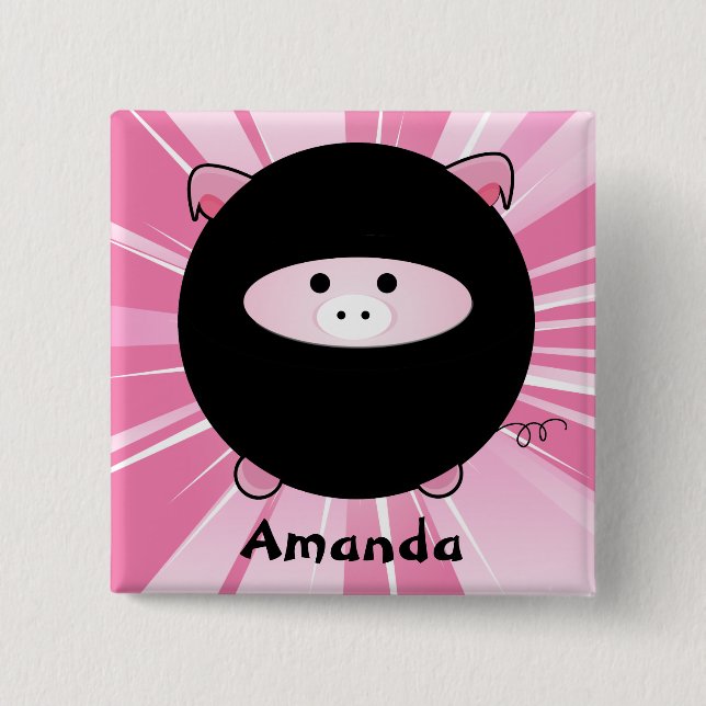 Personalised Ninja Pig on Pink 15 Cm Square Badge (Front)
