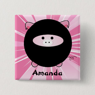Personalised Ninja Pig on Pink 15 Cm Square Badge