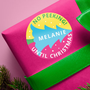 Personalised No Peeking Bright Neon Christmas Tree Classic Round Sticker