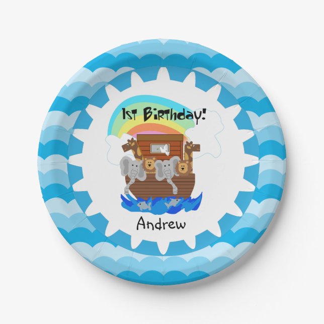 Personalised Noah's Ark 1st Birthday Paper Plates (Front)
