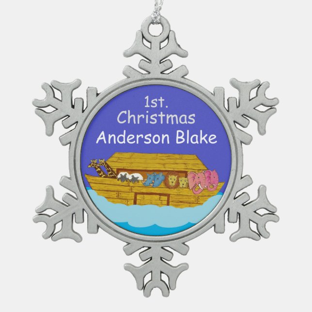 personalised Noah's Ark baby 1st Christmas Snowflake Pewter Christmas Ornament (Front)