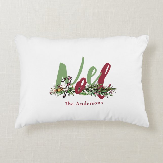 Personalised Noel Red & Green Christmas Decorative Cushion (Front)