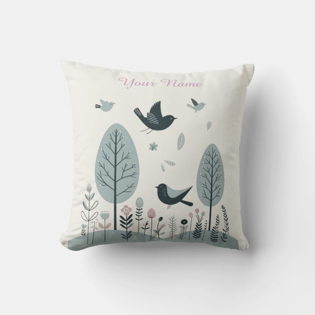 Personalised Nordic Birds & Forest  Cushion (Front)