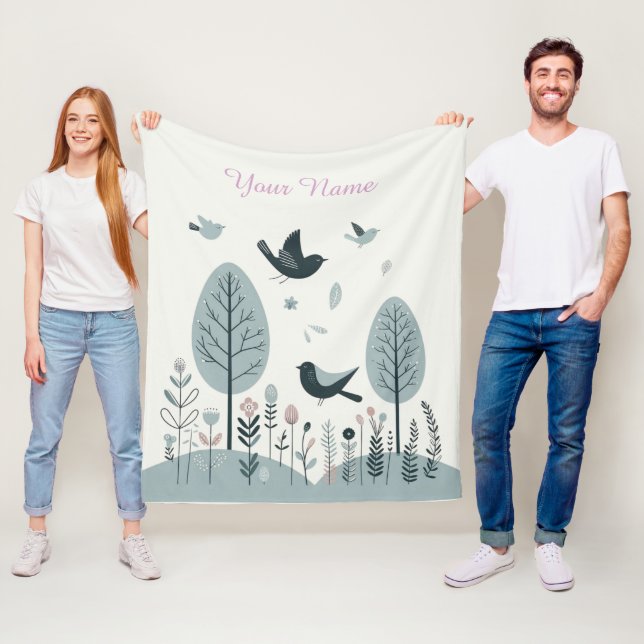 Personalised Nordic Birds & Forest  Fleece Blanket (In Situ)