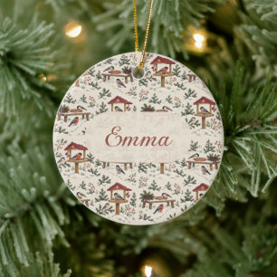 Personalised Nordic Christmas Bird Feeder Scene Ceramic Tree Decoration